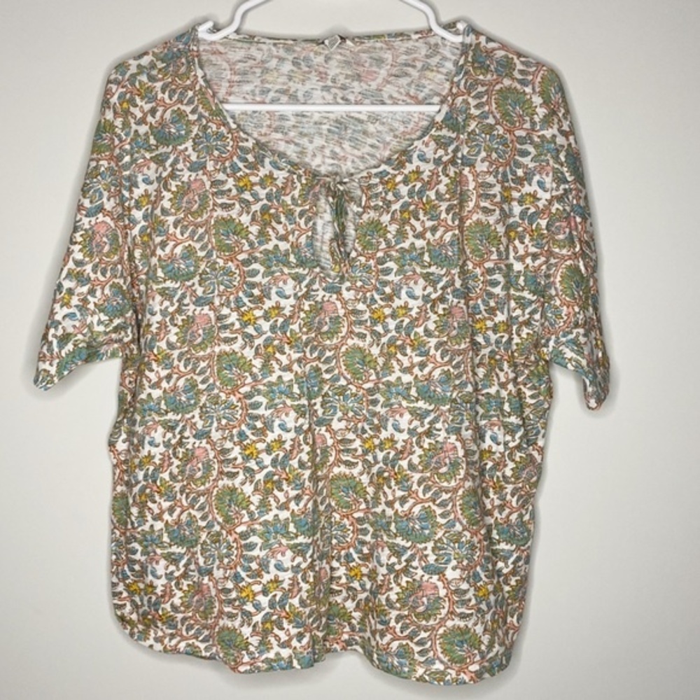 Lucky Brand Tan Green Blue Pink Blouse Cotton Modal Blend Floral Print Size L